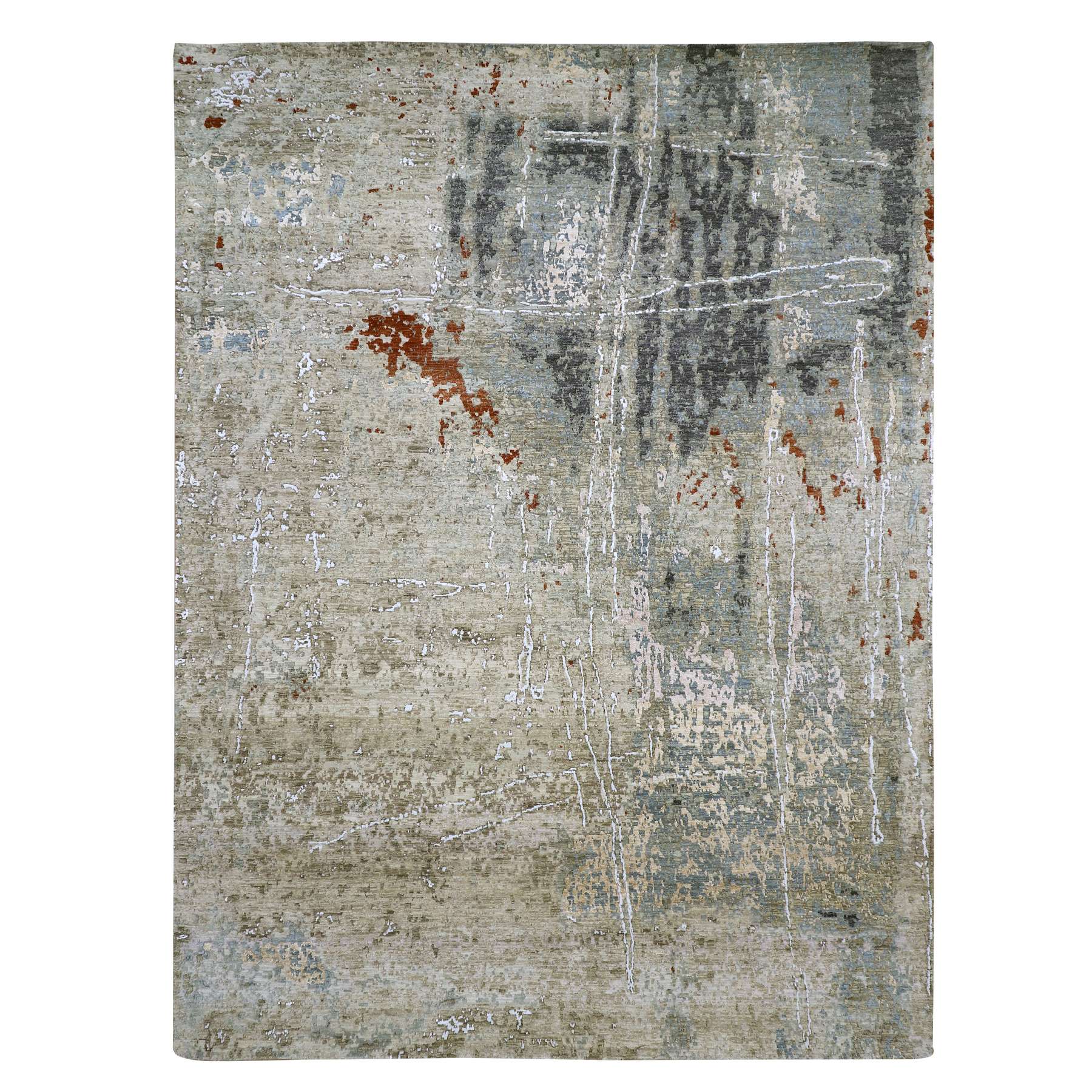 Merino Beige With Satin Black, Abstract Design Pure and Shiny Wool, Hand Knotted Densely Woven, Oriental Rug 